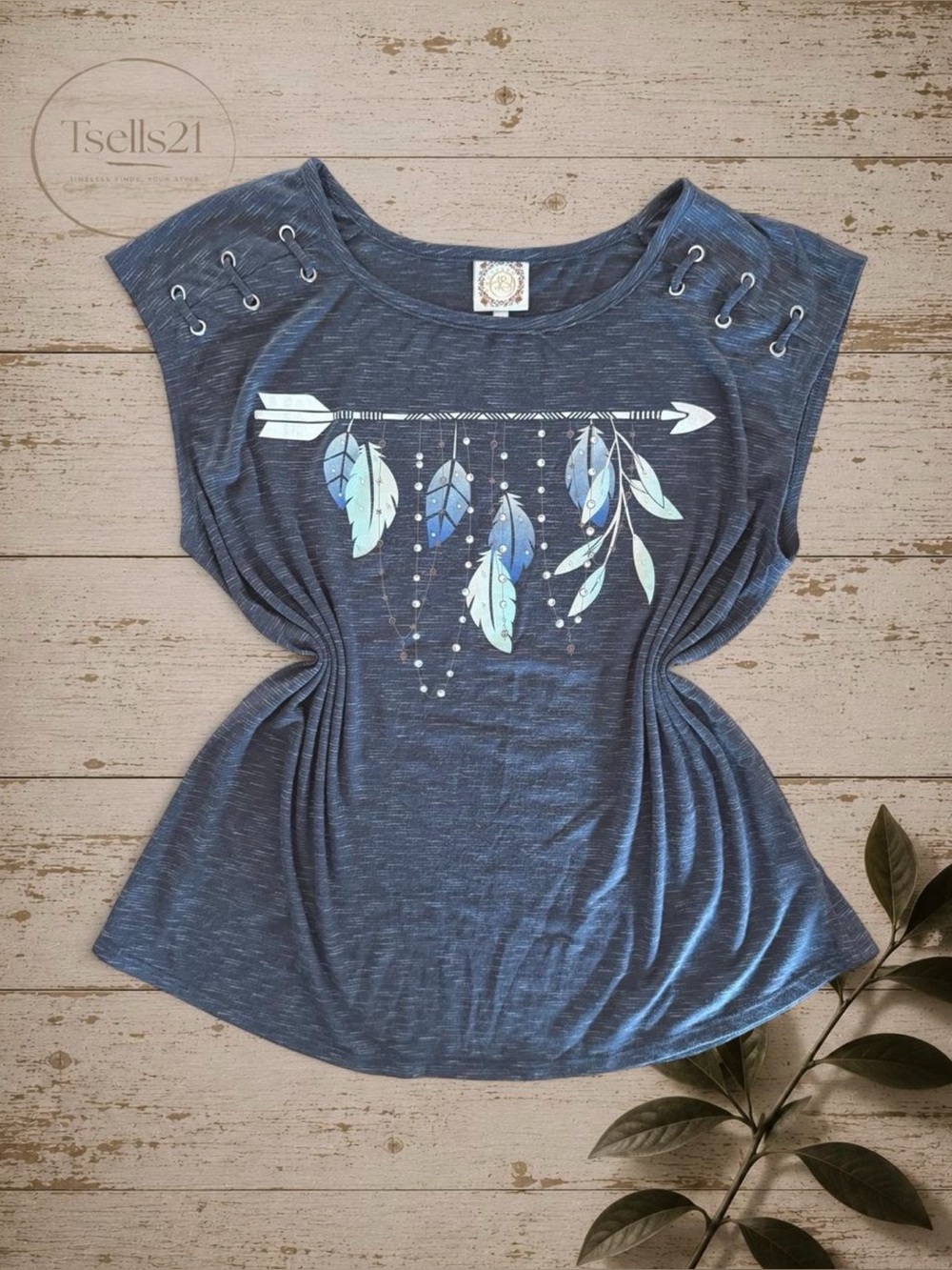Truself Boho Dark Grey Feather Arrow Graphic Lace-Up Shoulder Tee - Size 1X